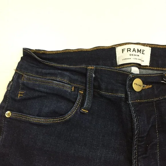 FRAME Le High Skinny Dark Wash Wythe Slit Hem Logo Hardware 5 Pocket Jeans - Picture 9 of 9